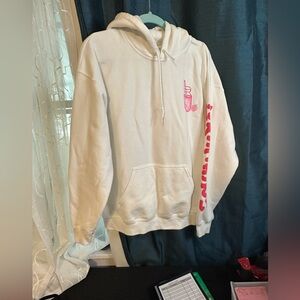 White and Pink Hello Kitty Hoodie with Pink Drink Graphic and Sleeve Print